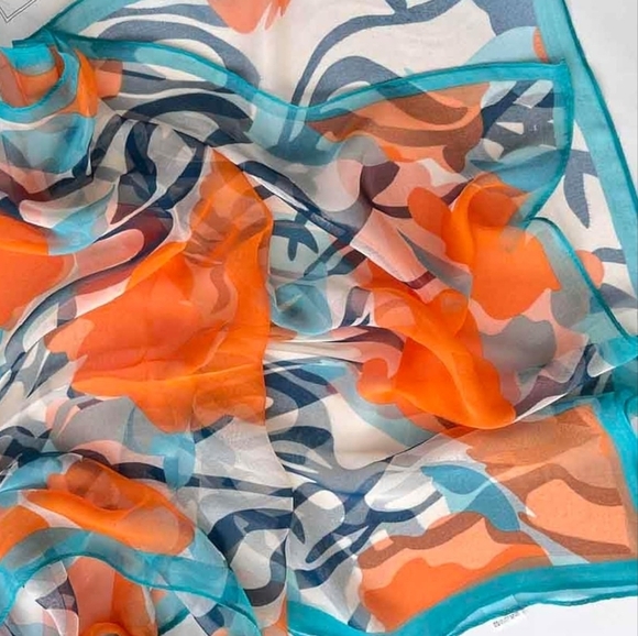 NWT Abstract Floral Scarf Orange Teal Navy Lightweight Shawl 63"x20" - Picture 5 of 7